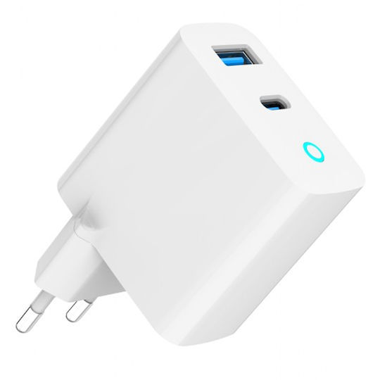 Gembird Зарядно без кабел GaN с USB-A порт и USB-C порт 65W Power Delivery / Quick Charge 3.0 Бял (TA-UC-PDQC65L-W-01)
