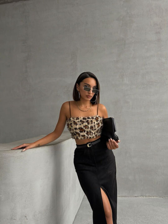 Sinell Damen Pailletten Leopard Braunes Crop Top