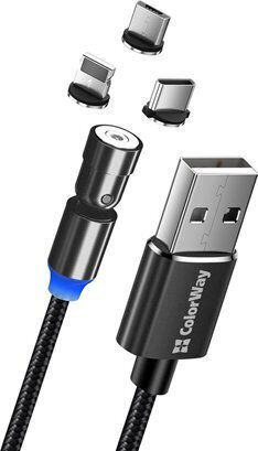 Colorway 3-in-1 Charging Cable Lightning+microusb+usb-c Magnetic 2.4a Nylon Magnetic Rotation 540° 1m