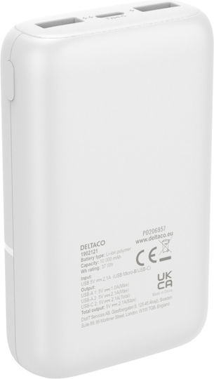 Deltaco Power Bank 10000mAh 18W με 2 Θύρες USB-A και Θύρα USB-C Power Delivery Λευκό