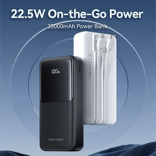 Vention FHP Baterie Externă 20000mAh 22.5W Cu 2 Porturi De Ieșire USB-A Și Port USB-C Power Delivery / Încărcare Rapidă Neagră