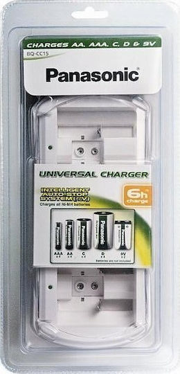 Panasonic BQ-CC15 Battery Charger for 4 Ni-Cd/Ni-MH Batteries with Size AA/AAA/9V/D in White Color