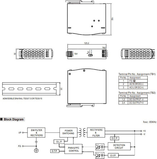 Mean Well SDR75-24 DIN Rail Power Supply 3.2A/24V/75W