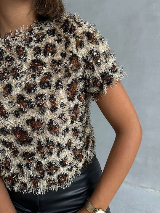 Sinell Damen Kurzarm Kurzbluse Pailletten Leopard Braun