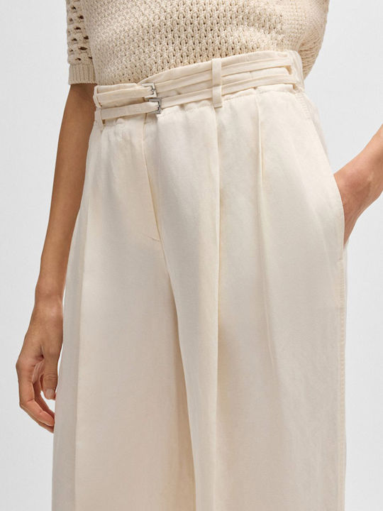 Taualyw Women's Fabric Trousers Relaxed Fit Off White