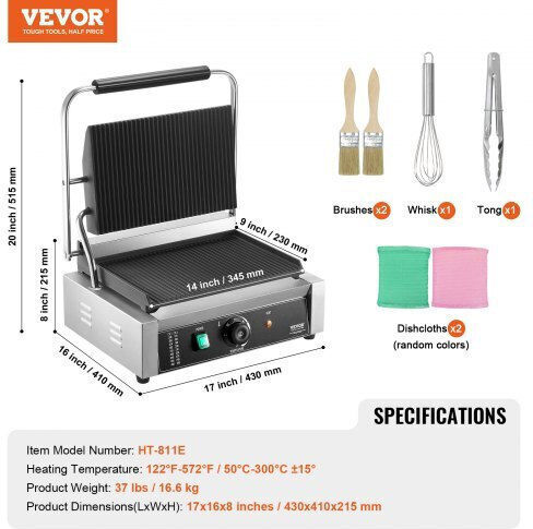 Vevor Commercial Sandwich Maker with Ribbed Top and Ribbed Bottom