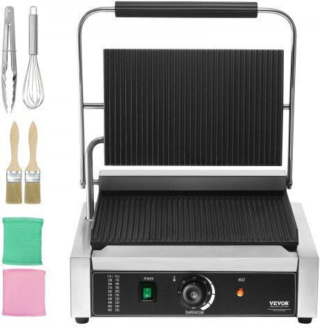 Vevor Commercial Sandwich Maker with Ribbed Top and Ribbed Bottom