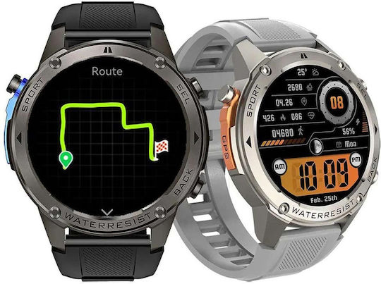 3Guys Stainless Steel 50mm Smartwatch with Heart Rate Monitor (Grey Silicone Strap)