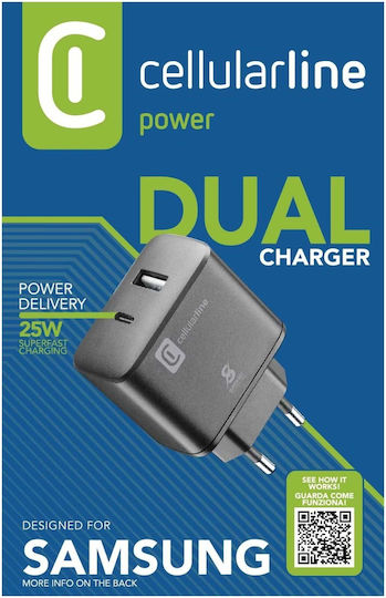 Cellular Line Ladegerät ohne Kabel mit USB-A Anschluss und USB-C Anschluss 25W Stromlieferung Schwarzs (ACHSMUSB2PD25WK)