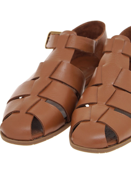 Leather Women's Flat Sandals in Tabac Brown Color