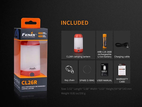 Fenix CL26R Акумулаторен LED Фенер за Къмпинг с Фенерче Оранжев 400 Лумени