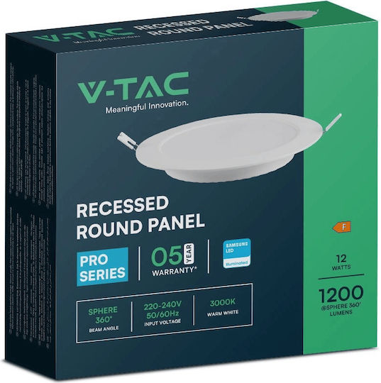 V-TAC Кръгла Вграден LED Панел 12W с Неутрално бяло Светлина 4000К