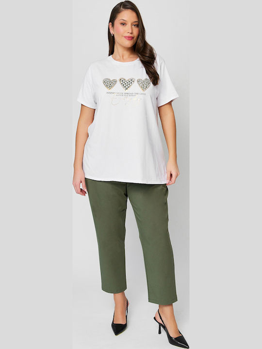 Women's Fabric Trousers with Rubber Band in Straight Leg Style Khaki