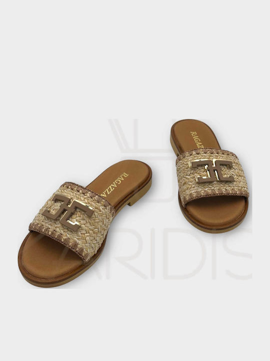 Leder Flache Sandalen für Damen Anatomisch in Beige Farbe