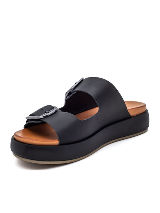Leather Women's Flat Sandals Flatforms in Black Color