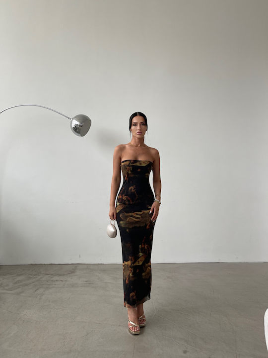 Καλοκαιρινό Maxi Βραδινό Φόρεμα Strapless με Τούλι Καφέ