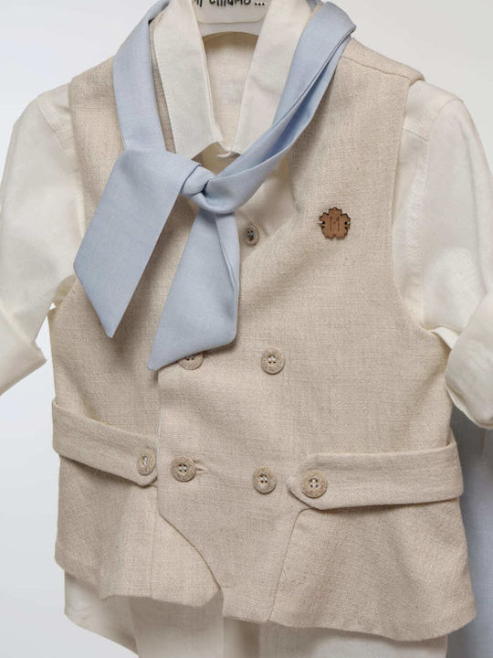 Mi Chiamo Boys Linen Baptism Suit with Vest Ecru