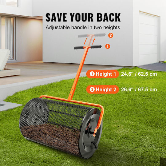Vevor Compost Spreader 24 4-25 6" Adjustable Handle Width 24" Moss Peat Lawn Garden Cylinder Side Latches Basket Steel Powder Coating Manure Dispersion Topsoil Black