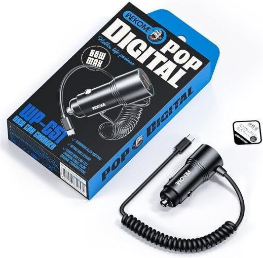 WK Auto-Ladegerät 66W Schnellladung mit Anschlüssen: 1xUSB 1xType-C mit Kabel Typ-C,TC-TC Schwarz Farbe
