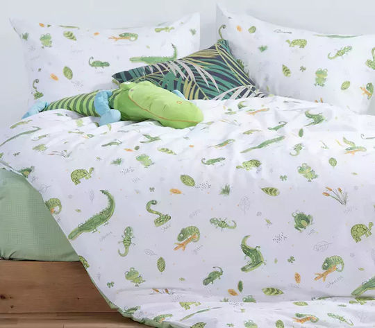 Nef-Nef Homeware Σετ Σεντόνια Μονά Βαμβακερά Cute Reptiles Πράσινο 170x260cm 3τμχ