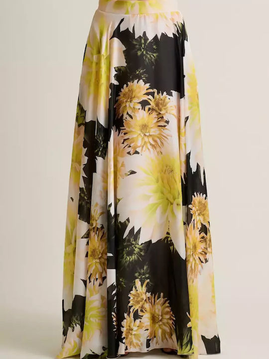 Σατέν Ψηλόμεση Maxi Φούστα Floral Κίτρινο