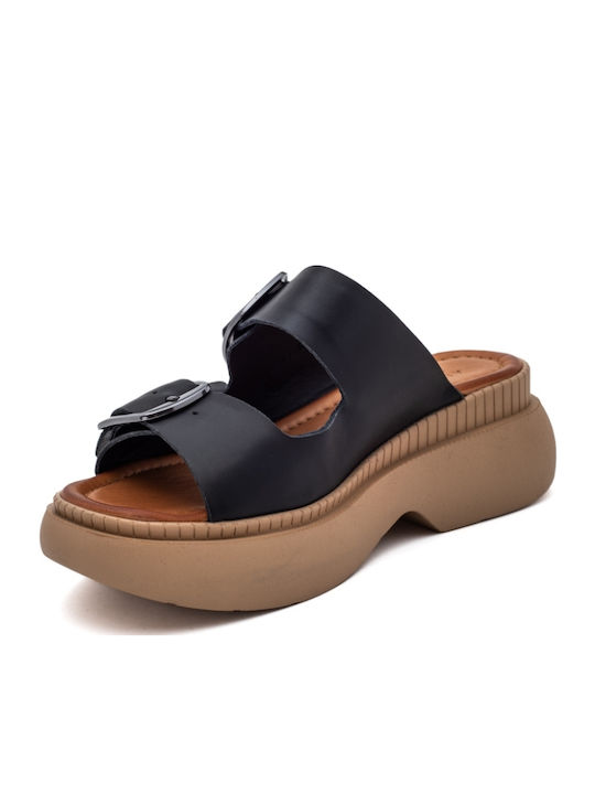 Δερμάτινα Γυναικεία Ανατομικά Σανδάλια Flatforms Μαύρα