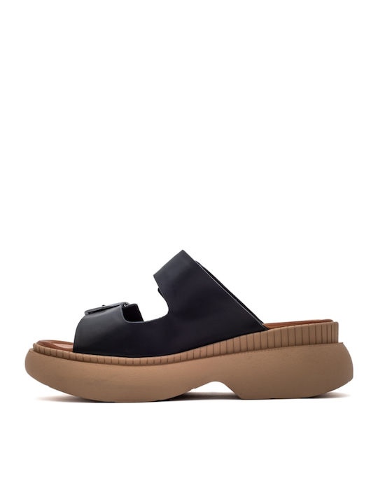 Δερμάτινα Γυναικεία Ανατομικά Σανδάλια Flatforms Μαύρα
