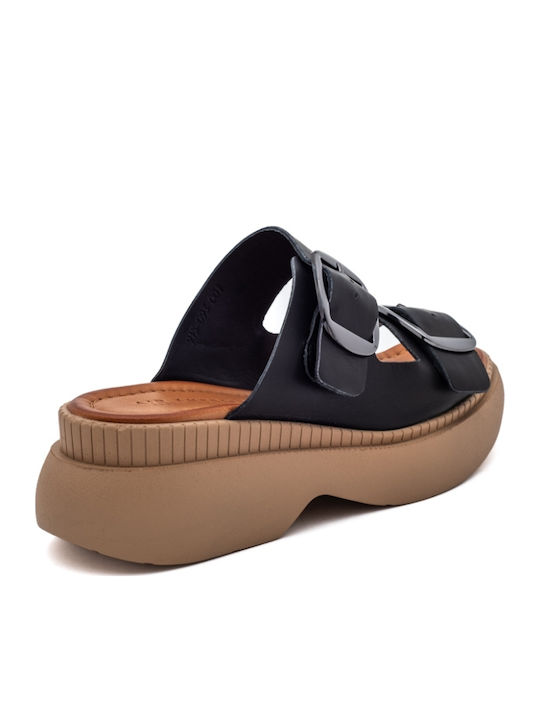 Δερμάτινα Γυναικεία Ανατομικά Σανδάλια Flatforms Μαύρα