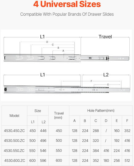 Glisiere laterale pentru sertare Vevor, montare laterală, 22 inch, 10 perechi, capacitate de încărcare 100 lb