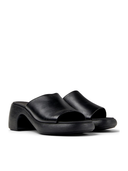 Leather Mules with Chunky High Heel in Black Color