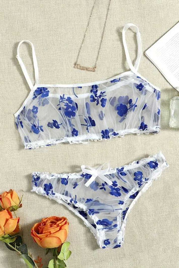 Set 2 Piese Sexy Tulle Transparent Lenjerie Imprimată cu Flori Bralette Bretele Reglabile Chiloți Albastru