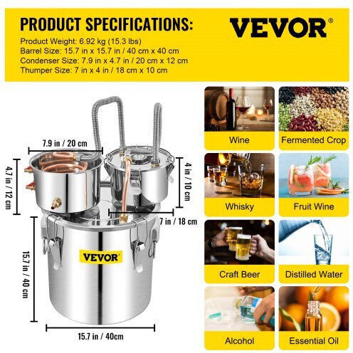 Alcohol Distillation Still Stainless Steel Copper 50 L Capacity