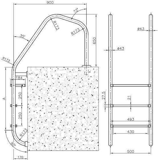 Kripsol Overflow Σκάλα Πισίνας από Ανοξείδωτο Ατσάλι 144.6x50εκ. Ασημί