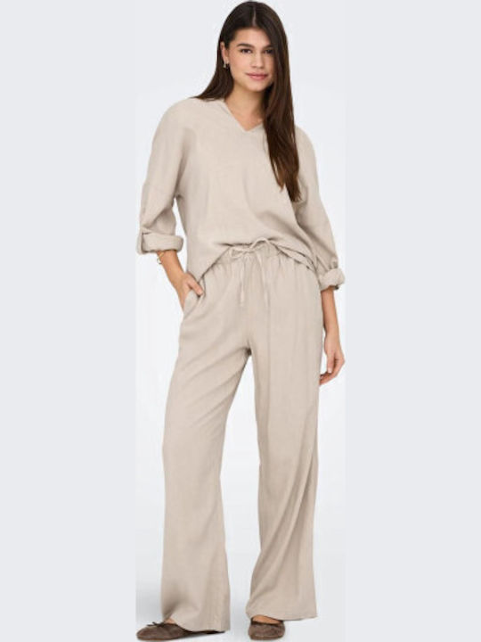 Women's Summer Blouse Linen Long Sleeve Beige
