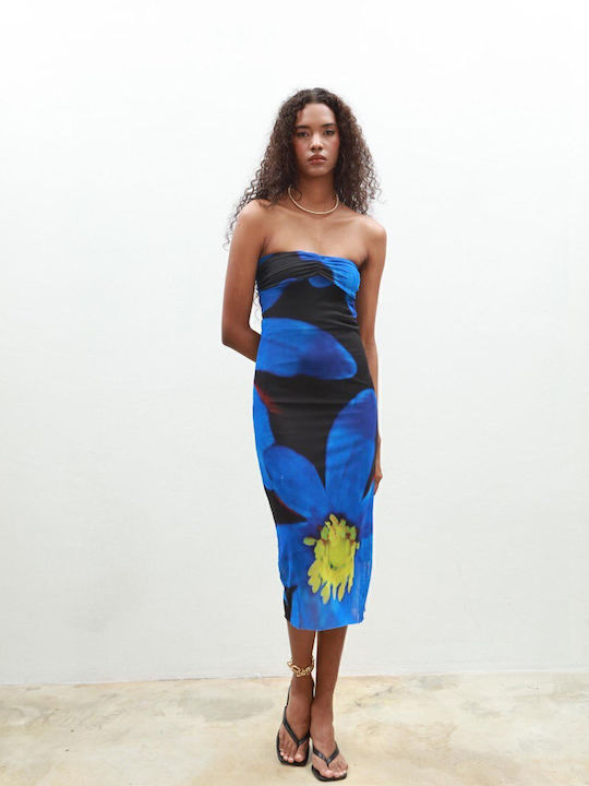 Summer Midi Dress for Wedding - Christening Strapless Blue