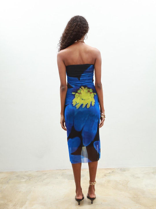 Summer Midi Dress for Wedding - Christening Strapless Blue
