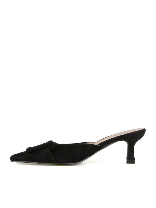 Suede Mules with Chunky Heel in Black Color
