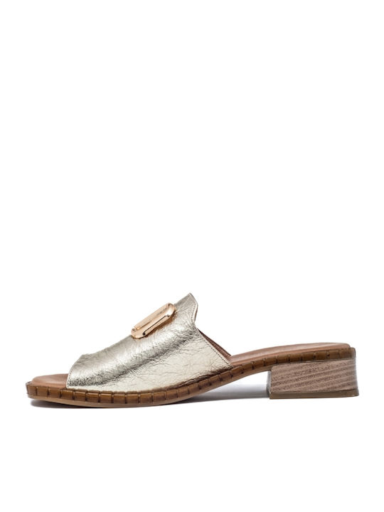 Leather Mules with Chunky Heel in Gold Color