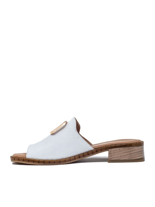 Leather Mules with Chunky Heel in White Color