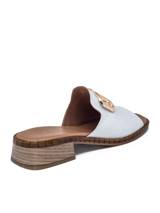 Leather Mules with Chunky Heel in White Color