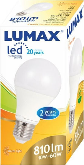Best Service Λάμπα LED 10W για Ντουί E27 και Σχήμα A60 Θερμό Λευκό 810lm
