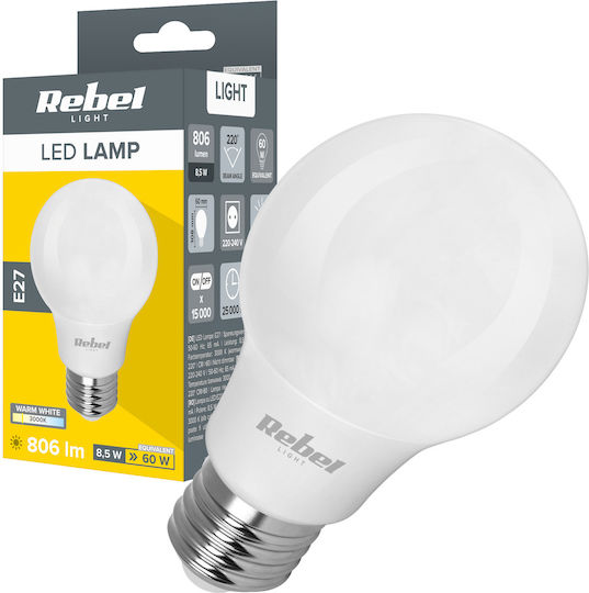Rebel Λάμπα LED 8.5W για Ντουί E27 και Σχήμα A60 Θερμό Λευκό 806lm