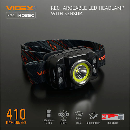 Videx Επαναφορτιζόμενος Φακός Κεφαλής LED IP65 με Μέγιστη Φωτεινότητα 410lm