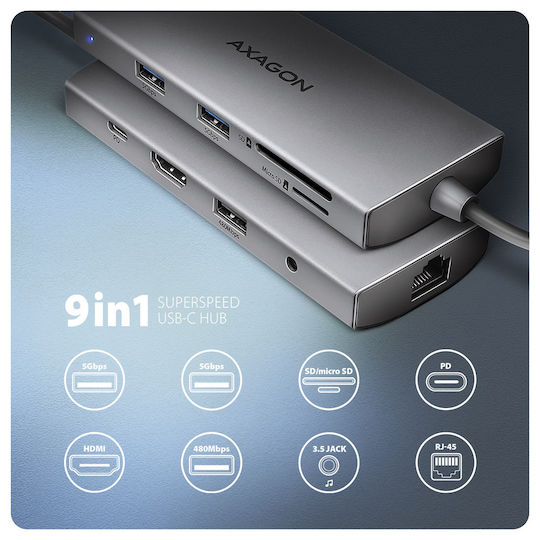 Axagon USB-C Docking Station mit HDMI 4K PD Ethernet Silber (HMC-8HLSA)