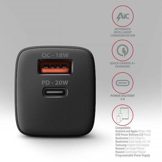 Axagon Charger Without Cable with USB-A Port and USB-C Port 20W Power Delivery / Quick Charge 2.0 / Quick Charge 3.0 / Quick Charge 4+ Blacks (ΑCU-ΡQ20)