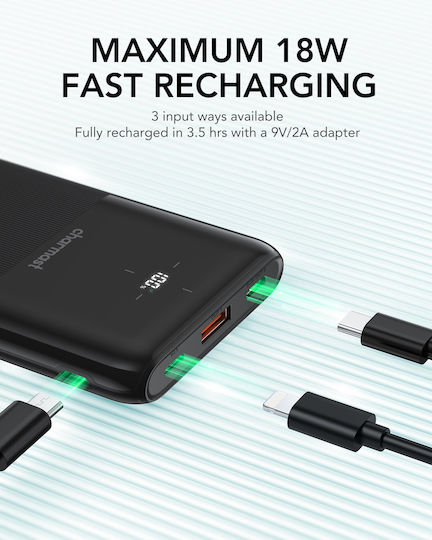 Charmast S12B Power Bank 10000mAh 20W με Θύρα USB-A και Θύρα USB-C Power Delivery Μαύρο
