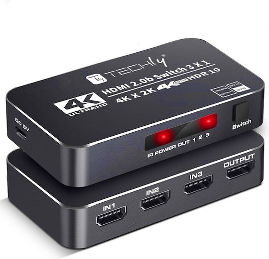 Techly 367171 3-port Hdmi Switch 2.0b 4k*60hz 3x1 Ir Remote
