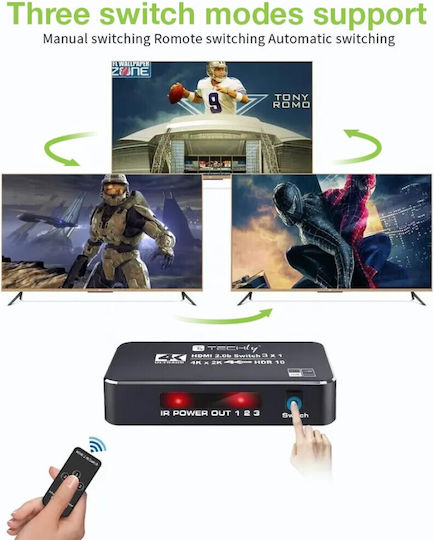 Techly 367171 3-port Hdmi Switch 2.0b 4k*60hz 3x1 Ir Remote