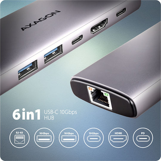 Axagon Hub 6 Θυρών USB 3.2 με σύνδεση USB-C Ασημί