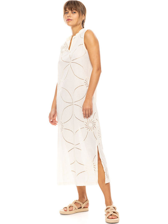 Damen Strandkleid Pink Label Weißes Midikleid Normale Passform Baumwolle